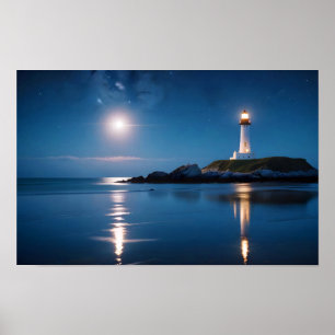 Vuurtorenlandschap Kust Oceaan Kalm Zee Nacht Poster