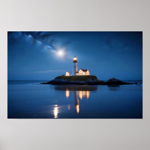 Vuurtorenlandschap Kust Oceaan Kalm Zee Nacht Poster