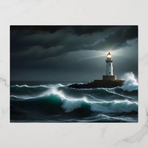 Vuurtorenlandschap Kust Ocean Waves Night Zee Folie Feestdagen Briefkaart