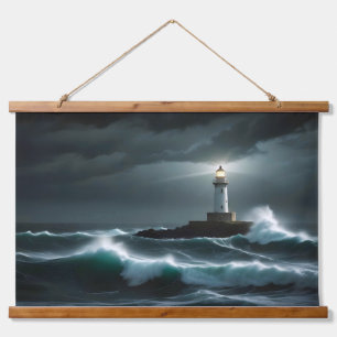 Vuurtorenlandschap Kust Ocean Waves Night Zee Hangend Wandkleed