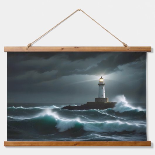 Vuurtorenlandschap Kust Ocean Waves Night Zee Hangend Wandkleed (Voorkant)