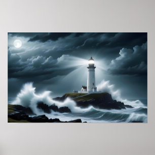 Vuurtorenlandschap Kust Ocean Waves Night Zee Poster