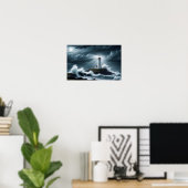 Vuurtorenlandschap Kust Ocean Waves Night Zee Poster (Thuiskantoor)