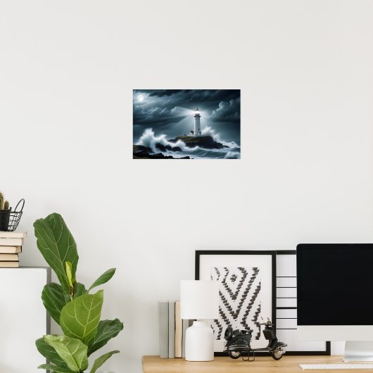 Vuurtorenlandschap Kust Ocean Waves Night Zee Poster (Thuiskantoor)