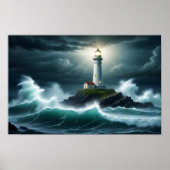 Vuurtorenlandschap Kust Ocean Waves Night Zee Poster (Voorkant)