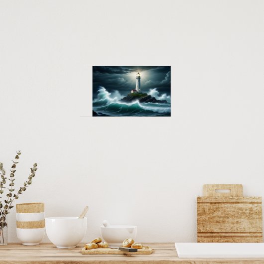 Vuurtorenlandschap Kust Ocean Waves Night Zee Poster (Keuken)