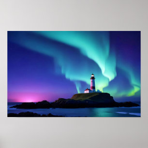 Vuurtorenlandschap Kustoceaan Aurora Night Poster