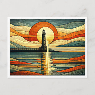 Vuurtorenreflectie bij zonsondergang Art Deco Feestdagenkaart