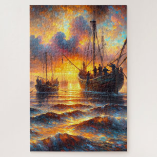 Vuurvissers halen bij zonsondergang legpuzzel