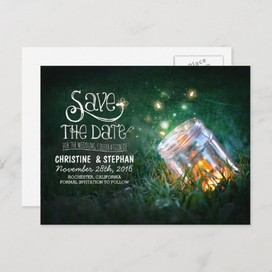 Vuurvliegjes Mason Jar Rustiek Romantiek Save the  Aankondigingskaart (Voorkant / Achterkant)