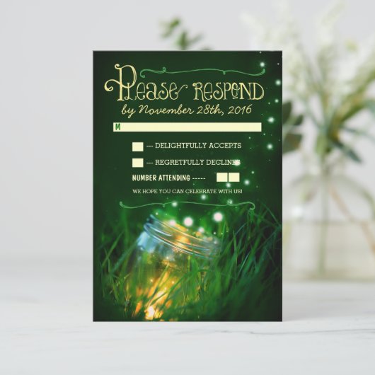 vuurvliegjes metson jar rustieke tuin bruiloft RSV RSVP Kaartje (Staand voorkant)