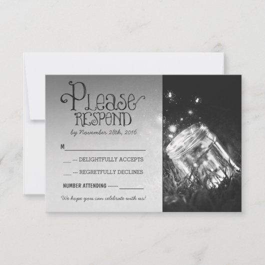 vuurvliegjes metsonauten pot rustieke tuin bruilof RSVP kaartje (Voorkant)