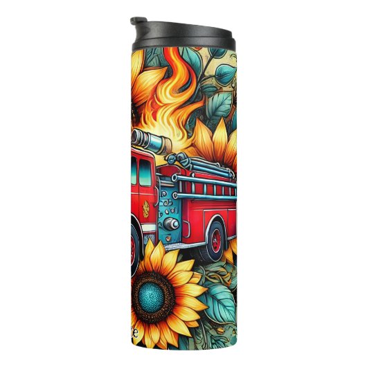 Vuurwagen te midden van zonnebloemen en vlammen thermosbeker (Geroteerd rechts)