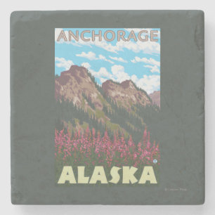 Vuurweed en bergen - Anchorage, Alaska Stenen Onderzetter