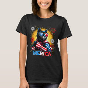 Vuurwerk Amerikaanse vlag Patriottische Zwarte Kat T-shirt