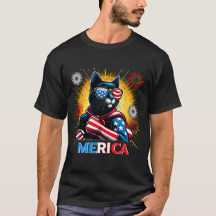Vuurwerk Amerikaanse vlag Patriottische Zwarte Kat T-shirt