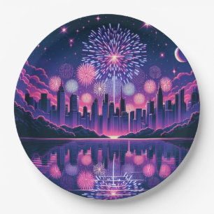 Vuurwerk boven de City Skyline 4 juli Papieren Bordje