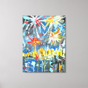 Vuurwerk boven stadsprofiel canvas afdruk