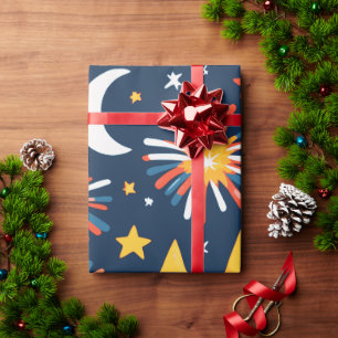 Vuurwerk en Sterren en Maan op Zwart Cadeaupapier