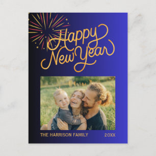 Vuurwerk Gelukkig Nieuwjaar Foto Blauw Gradiënt Briefkaart