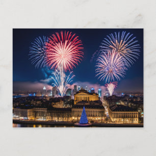 Vuurwerk in nachtelijke stad briefkaart