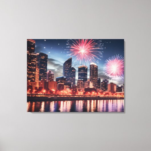 Vuurwerk in nachtelijke stad canvas afdruk (Voorkant)