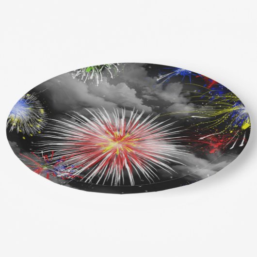 Vuurwerk in wolken papieren bordje (Gekanteld)