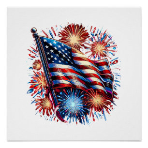 Vuurwerk met Amerikaanse vlag Patriottisch Perfect Poster