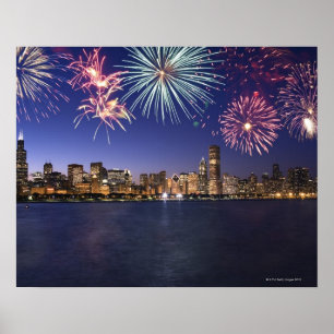 Vuurwerk over Chicago skyline 2 Poster
