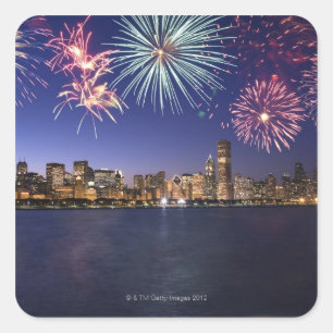 Vuurwerk over Chicago skyline 2 Vierkante Sticker