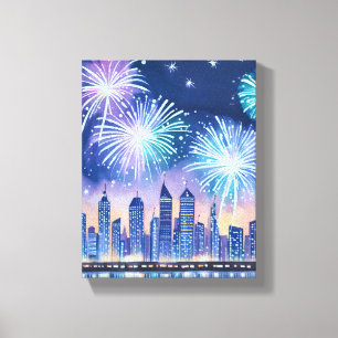 Vuurwerk Stadsgezicht   Blauwe Lofi Digitale Water Canvas Afdruk