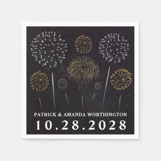 Vuurwerk thema zwart goud zilver bruiloft servette servetten (Voorkant)