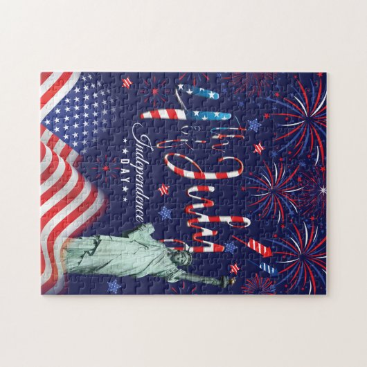 vuurwerk vierde juli met het vrijheidsbeeld legpuzzel (Horizontaal)