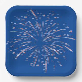 Vuurwerk voor rode en blauwe glitter papieren bordje