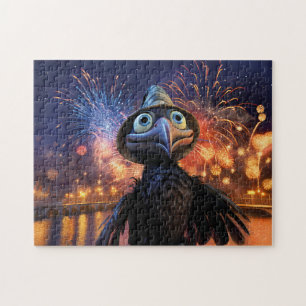 Vuurwerk Wonder Raven Kijkt naar Nachtelijke Hemel Legpuzzel