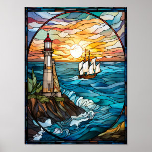 Vuurwerkraam met vuurtoren en zeilschip poster