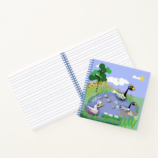 Vvijver met kleurrijke cartoon, met ganzen en eend notitieboek (Binnen)