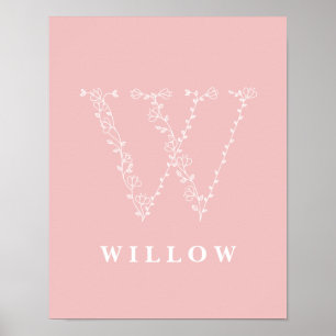 W Botanical Floral Monogram Custom Nursery Poster