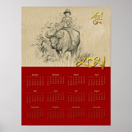 W Buffalo Kid Chinese Osse Jaar 2021 Kalender P Poster (Voorkant)