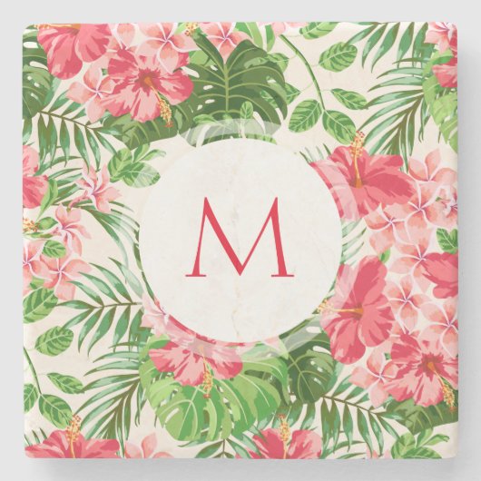 W Gepersonaliseerde Hibiscus Flower Monogram Stone Stenen Onderzetter (Voorkant)