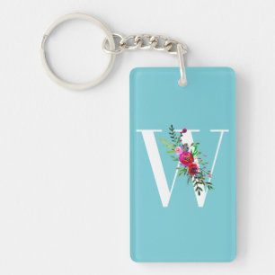 W Letter Initiaal Monogram Bloem Motief Aangepaste Sleutelhanger