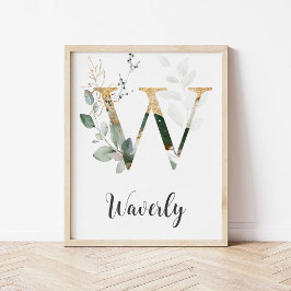 W Letter Monogram Groene Nursery Naam Muurprint Poster
