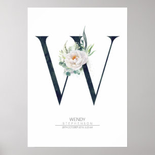 W Letter Monogram White Flowers en Greenery Poster