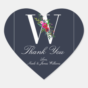 W Monogram Laatste Initiaal Modern Blauwe Bloemige Hart Sticker