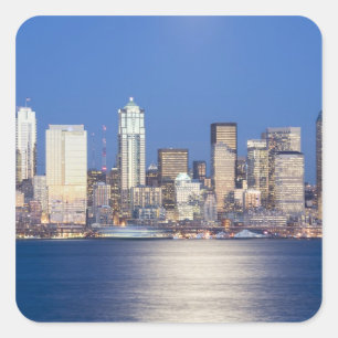 WA, Seattle, skyline van Seattle en Elliott Bay, 2 Vierkante Sticker