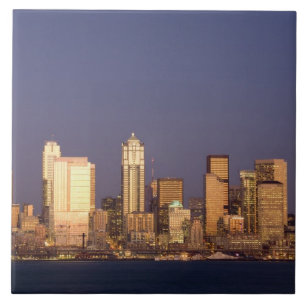 WA, Seattle, skyline van Seattle en Elliott Bay, Tegeltje