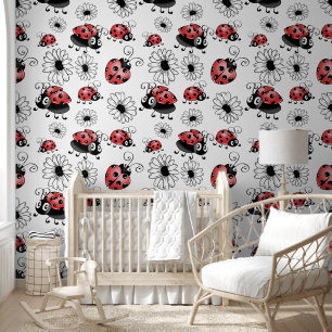 Waanzinnige lieveheersbeestjes en grote bloemen behang