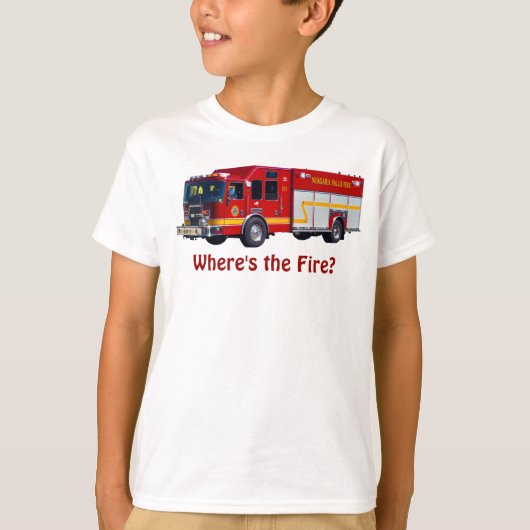 "Waar is het vuur?" Red Fire Engine Fun T-Shirt (Voorkant)
