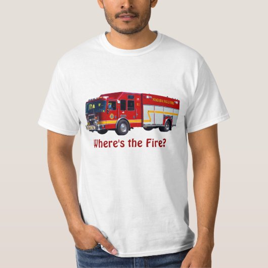 "Waar is het vuur?" Red Fire Engine Fun T-Shirt (Voorkant)