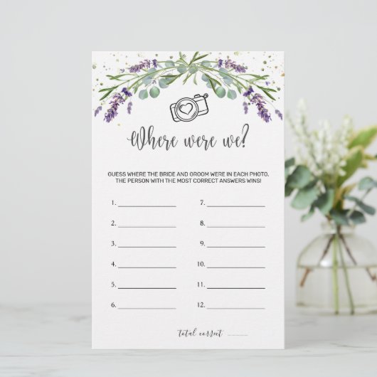 Waar waren we bruidsspel Eucalyptus Lavendel Briefpapier (Staand voorkant)